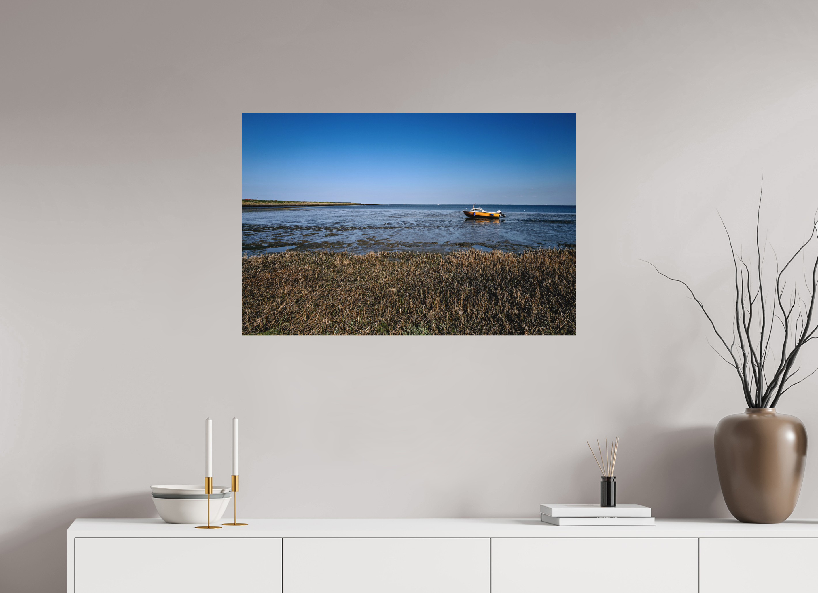 90 x 60 cm, Alu-Dibond Fuji Crystal Archive color matt Boot während der Ebbe