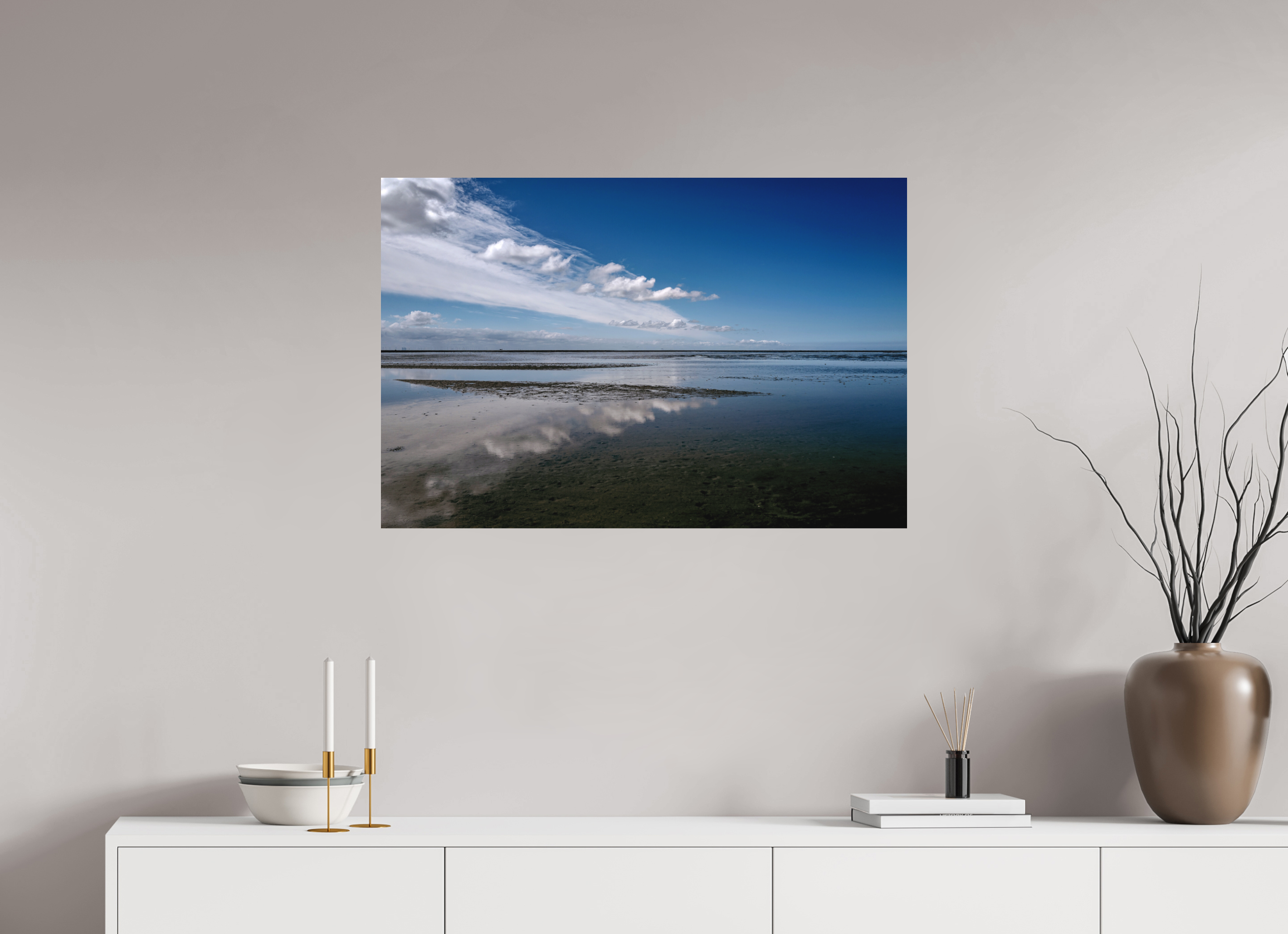 90 x 60 cm, Alu-Dibond Fuji Crystal Archive color matt Spiegelung im Wattenmeer