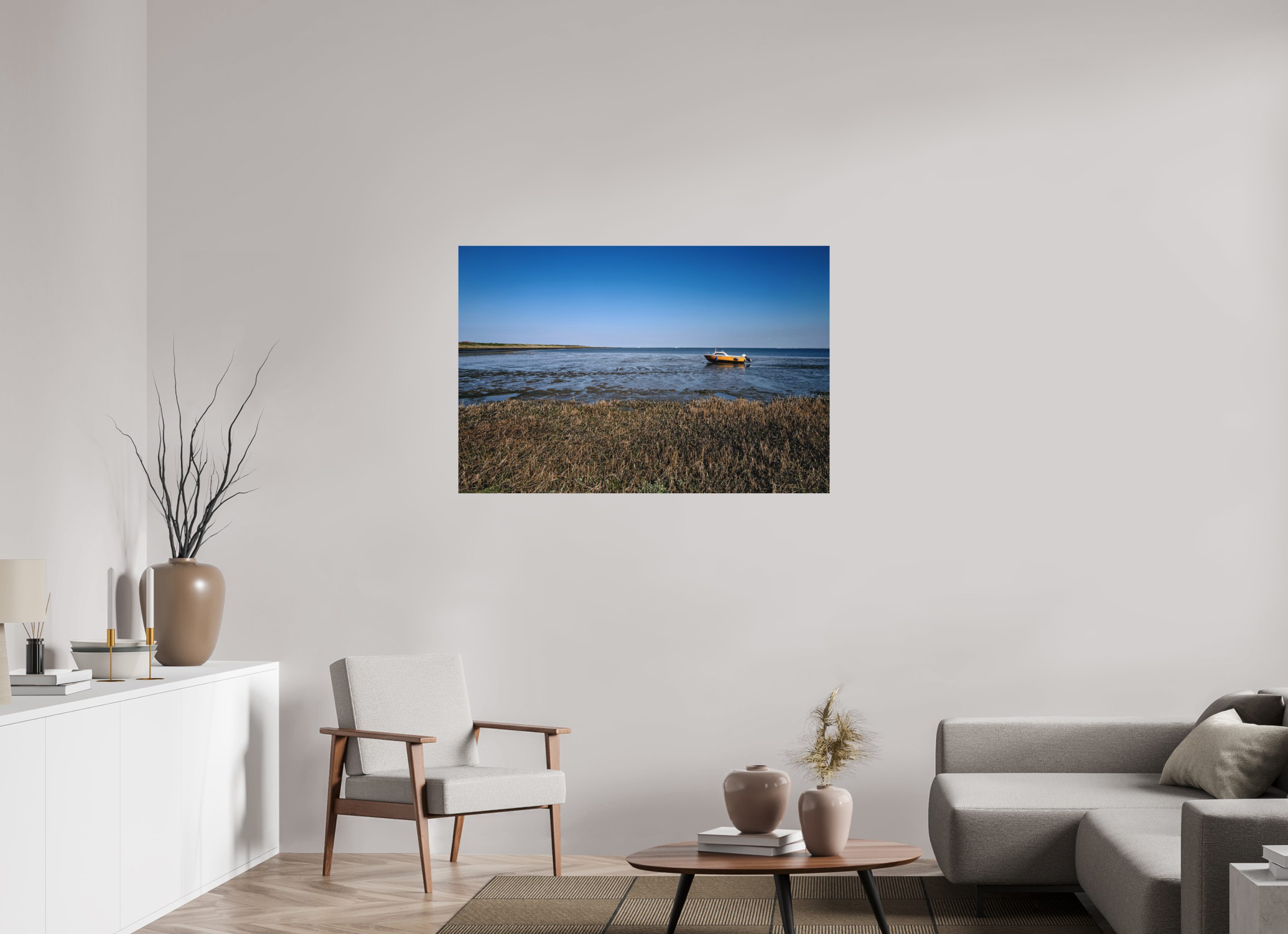 120 x 80 cm, Alu-Dibond Fuji Crystal Archive color matt Boot während der Ebbe
