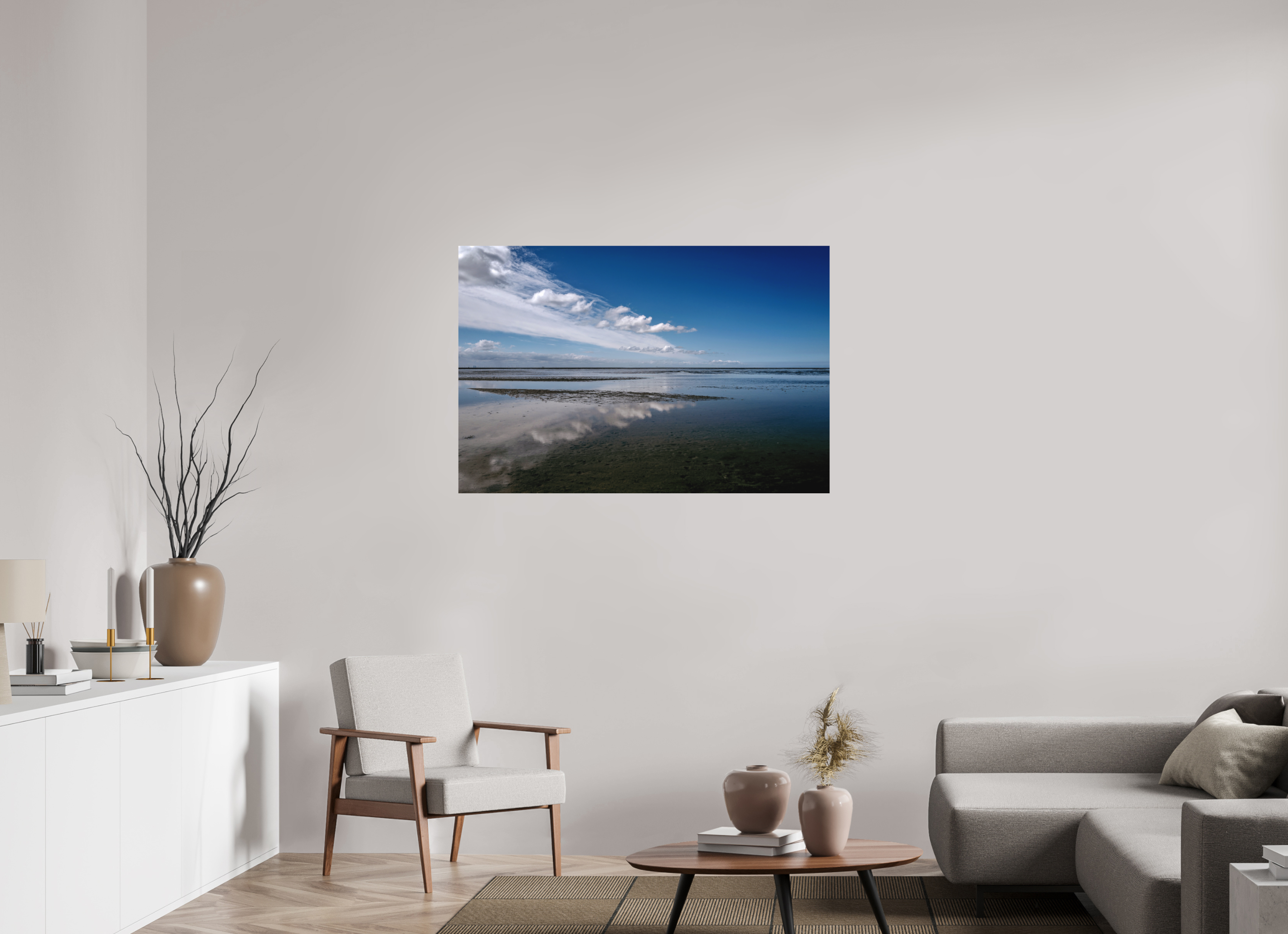 120 x 80 cm, Alu-Dibond Fuji Crystal Archive color matt Spiegelung im Wattenmeer
