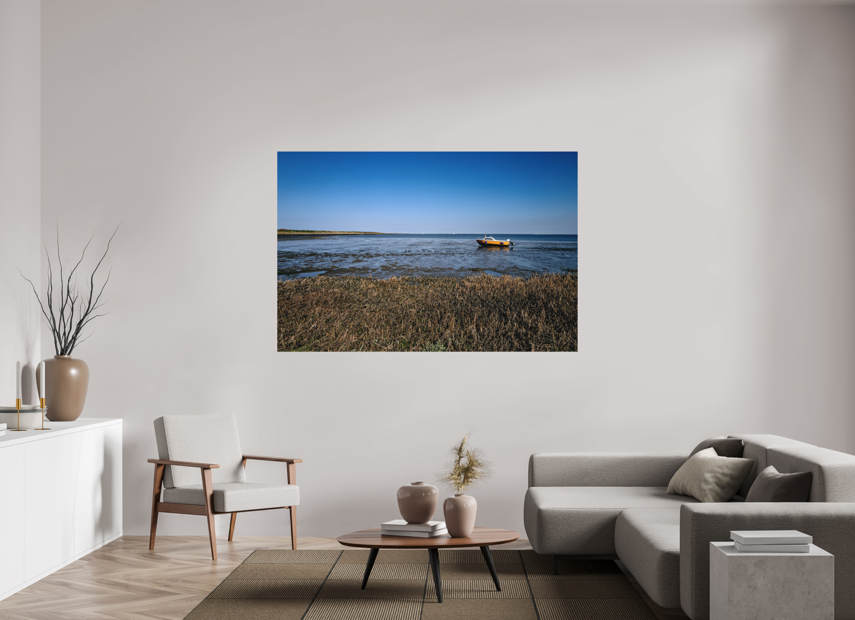 180 x 120 cm, Alu-Dibond Fuji Crystal Archive color matt Boot während der Ebbe